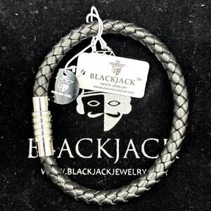 Blackjack BJB120B Men’s Braided Leather Bracelet Stainless Steel Magnetic Clasp